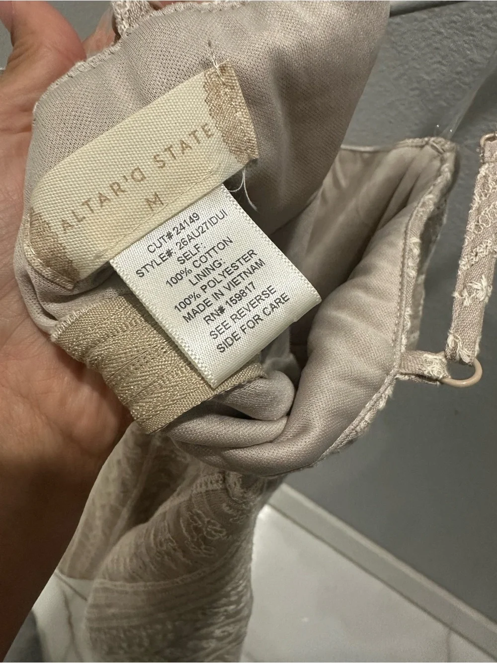 NWT. Medium Juniors, Altar'd State Taupe embroidered cutout Mini Dress - Picture 7 of 9